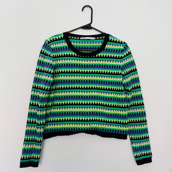Zara Striped Cropped Green Black Purple Yellow Striped Sweater| sz M | Retro Top - Picture 3 of 7